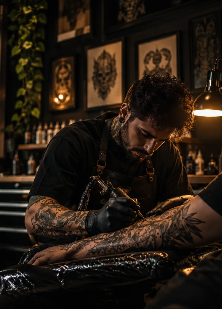 Retrato de um tatuador em um estúdio, com atenção ao detalhe e expressão pessoal.