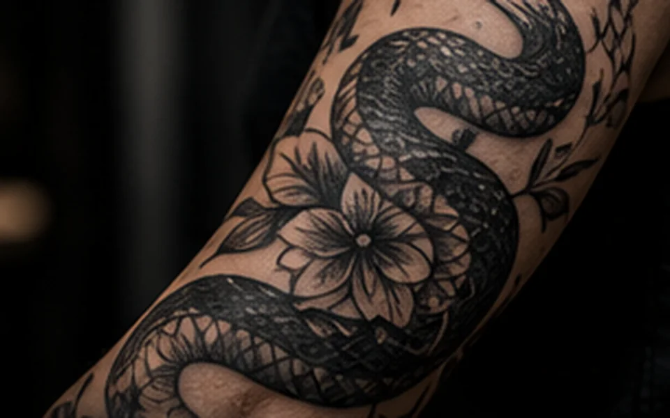 Tatuagem blackwork de uma serpente entre flores, aplicada no antebraço.