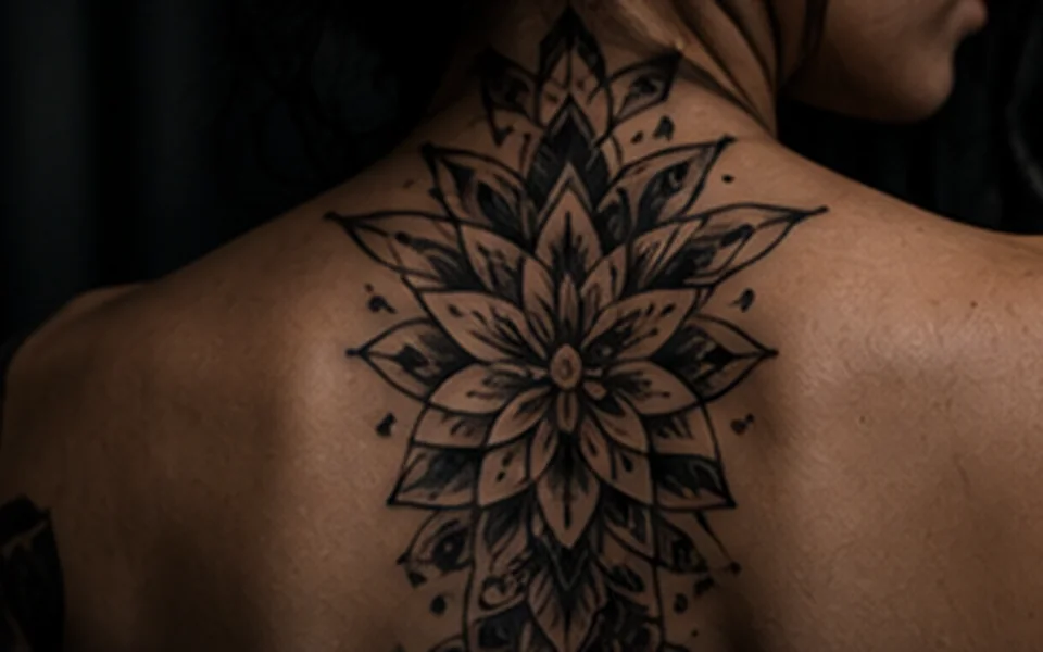 Tatuagem blackwork de uma grande flor simétrica no centro das costas.