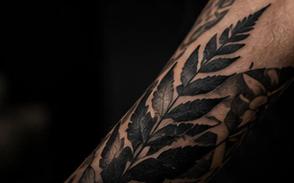 Tatuagem blackwork de ramos e folhas escuras ao longo do braço.