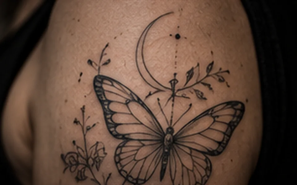 Tatuagem fine line de uma borboleta com lua crescente e ramos delicados no ombro.