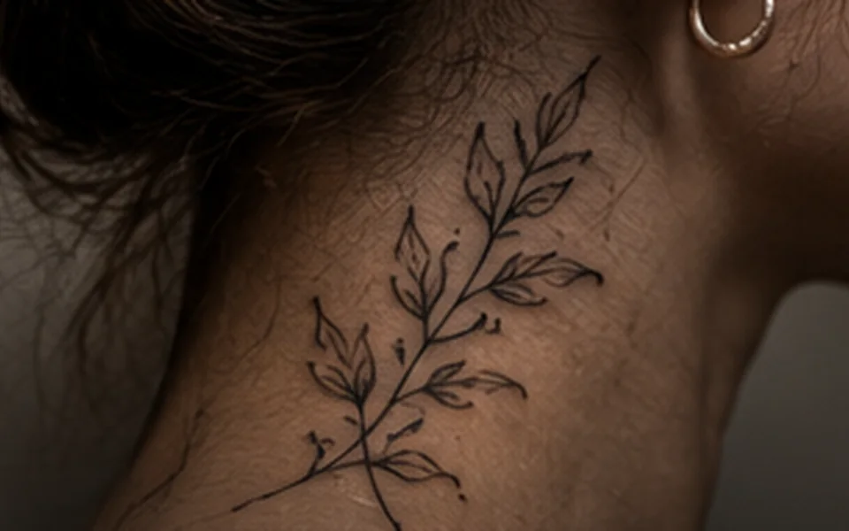 Tatuagem fine line de um ramo com folhas pequenas na lateral do pescoço.