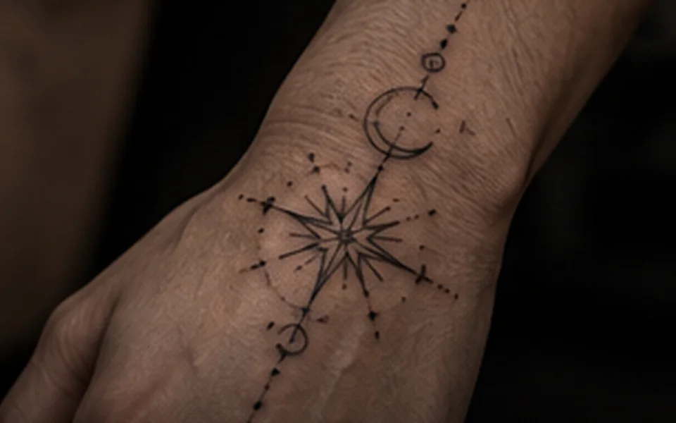 Tatuagem fine line de uma estrela com símbolos celestes sobre a mão.