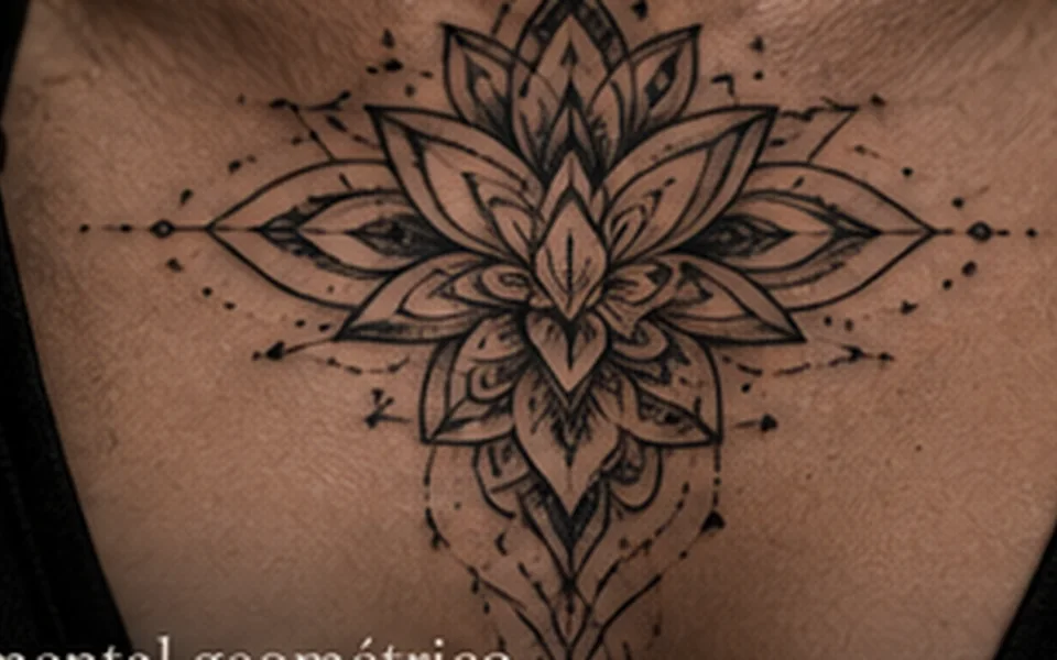 Tatuagem ornamental de uma mandala floral geométrica aplicada na pele.