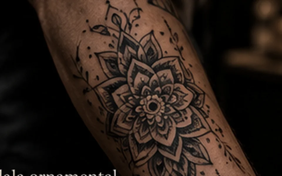 Tatuagem ornamental de uma mandala com pétalas em camadas no antebraço.