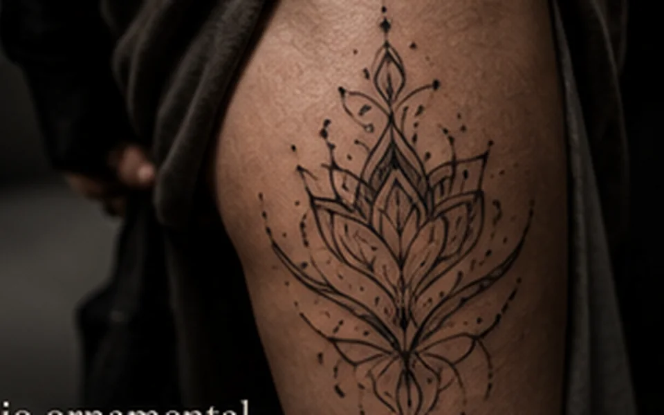 Tatuagem ornamental de uma flor de lótus com linhas simétricas no ombro.