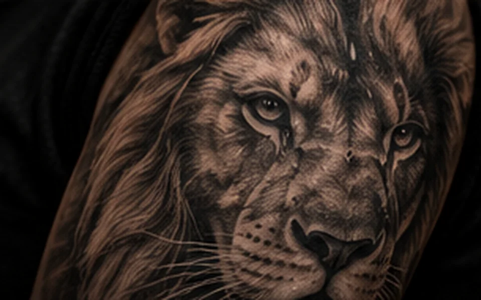 Tatuagem realista em preto e cinza com o rosto de um leão.