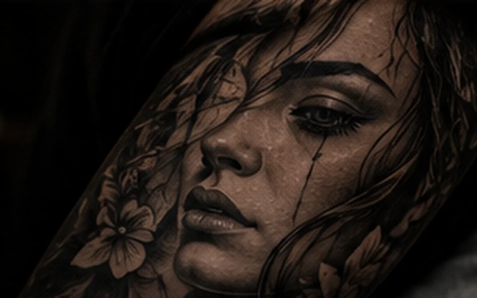 Tatuagem realista em preto e cinza com o retrato de uma mulher.