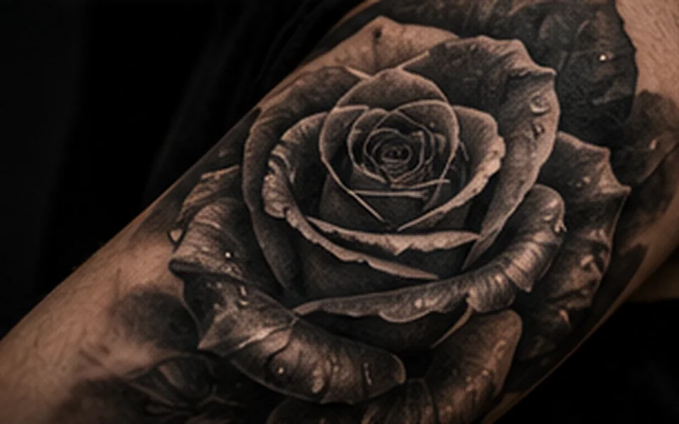Tatuagem realista de uma rosa com pétalas detalhadas em tons escuros.